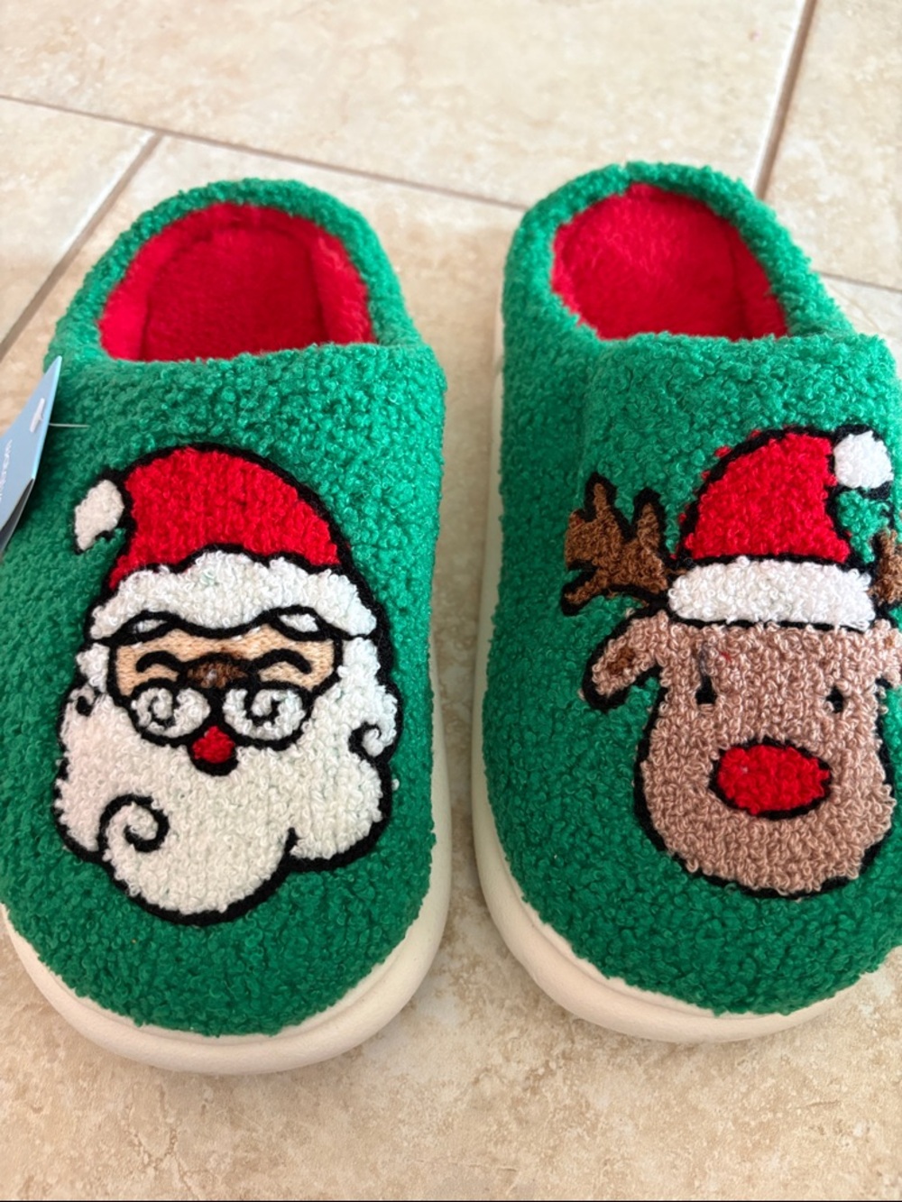 Festive Green Santa & Reindeer Women’s Slippers